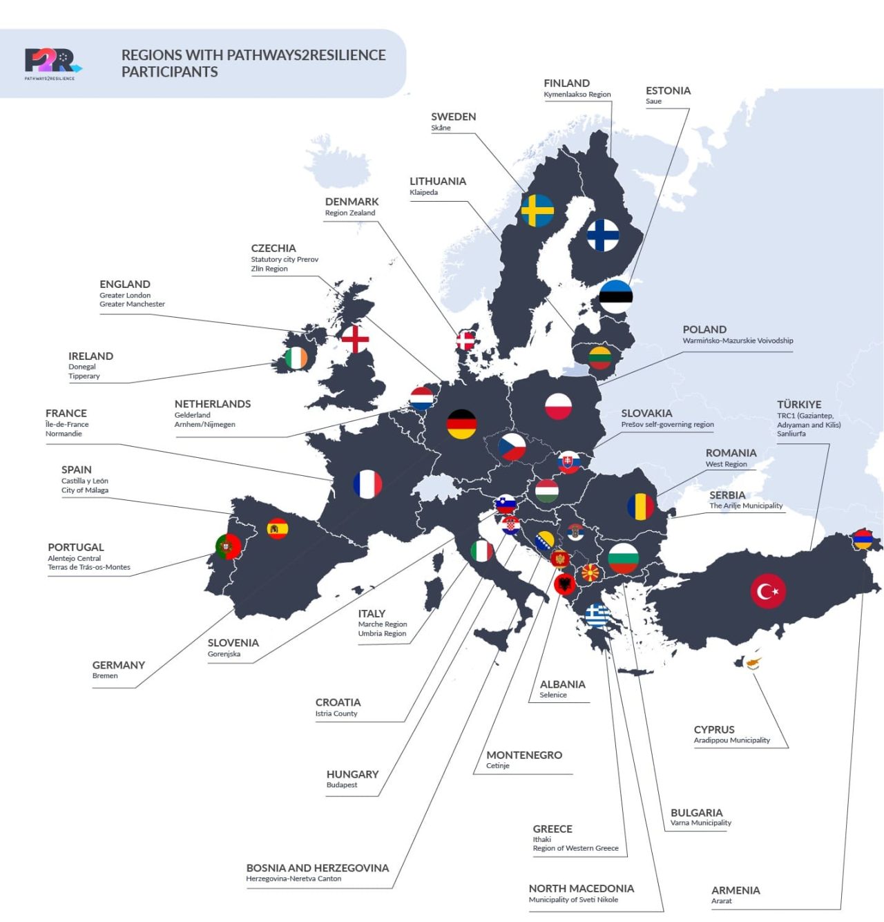 La mappa delle 40 regioni selezionate per il programma Pathways2Resilience per l'adattamento climatico